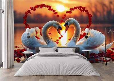 romantic scene of two swans on a tranquil lake adorned with red heart-shaped petals under a glowing sunset Wall mural