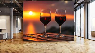 Romantic sunset ambiance with two glasses of red wine elegantly placed on a rustic wooden table Wall mural