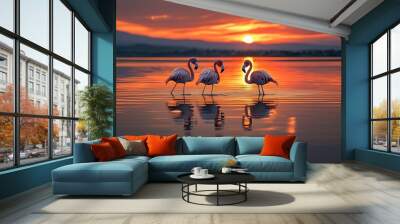 Romantic sunset moment with two flamingos serenely poised in a tranquil lake, capturing the beauty of nature and wildlife. Wall mural