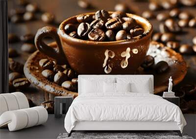 Rustic brown coffee cup filled with coffee beans on matching saucer, surrounded by scattered coffee beans Wall mural