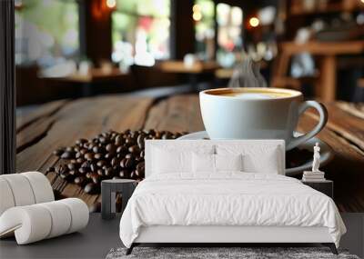 Rustic Cafe Ambiance with Coffee Beans on Wooden Table Wall mural