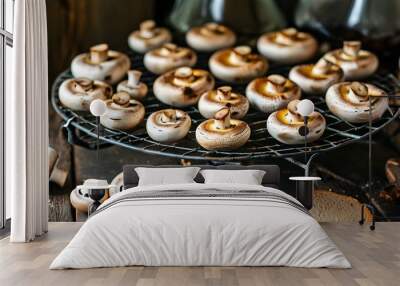 Rustic drying process of mushrooms on metal racks, highlighting food preservation techniques and the beauty of natural ingredients in fungi cultivation Wall mural