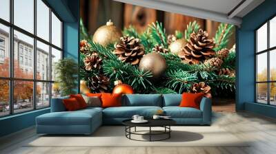 Rustic holiday decor with pine branches, vibrant Christmas ornaments, and natural pine cones against a warm wooden backdrop Wall mural