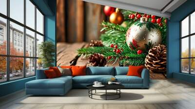 Rustic holiday decor with pine branches, vibrant Christmas ornaments, and natural pine cones against a warm wooden backdrop Wall mural