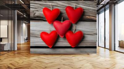 Rustic wooden backdrop adorned with red felt hearts, embodying love and romance for Valentines Day celebration Wall mural