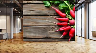 Rustic wooden table adorned with vibrant carrots, straw accents, celebrating farm freshness and healthy eating in a well-designed banner and poster concept Wall mural