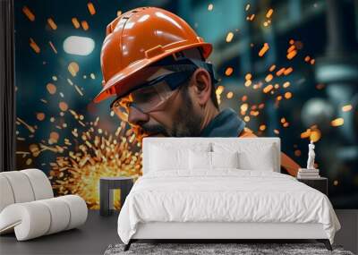 Safety amidst sparks: industrial worker in hard hat and safety glasses showcases commitment to secure work environments Wall mural