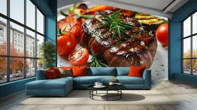 Savory grilled steak accompanied by vibrant roasted vegetables and cherry tomatoes, beautifully garnished with fresh rosemary on an elegant white plate Wall mural