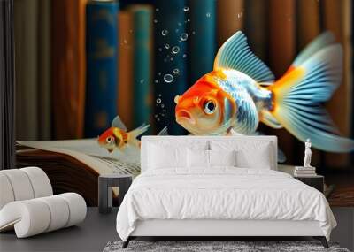 Scholarly Goldfish Engaged in a Reading Session Close-Up Wall mural