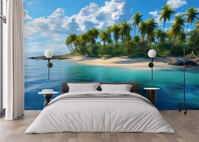 Secluded paradise island with azure seas and palm-fringed shores basking in warm sunlight Wall mural