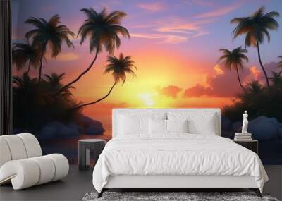 serene 3D landscape of a sunset over the sea with palm trees gracefully silhouetted against the vibrant sky Wall mural