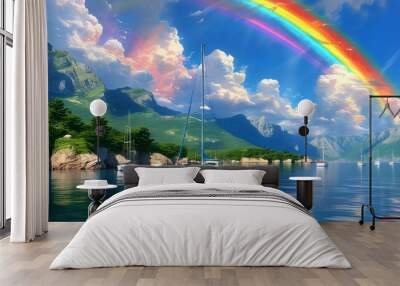 Serene bay with sailboats beneath a vivid rainbow, surrounded by lush mountains and a bright blue sky adorned with fluffy clouds Wall mural