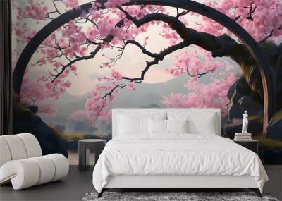 Serene beauty of a Japanese garden beneath ancient cherry blossoms in full bloom Wall mural