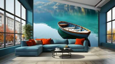 Serene boat resting on a crystal clear lake surrounded by natures beauty Wall mural