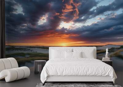 Serene Desert Landscape at Sunset with Dramatic Clouds Over Sand Dunes and Grassy Plains Wall mural