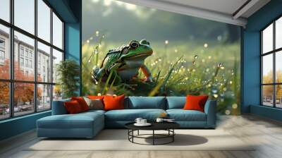 Serene grassy meadow adorned with morning dew and a frog, showcasing the beauty of nature and tranquility Wall mural