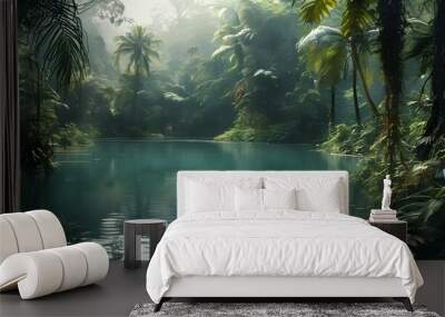 serene jungle lake surrounded by lush greenery and vibrant wildlife Wall mural