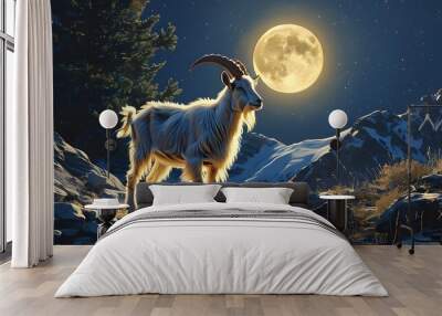 Serene Night Scene of a Realistic Goat Beneath a Glowing Full Moon in Nature Wall mural