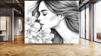 Serene portrait of a woman with closed eyes inhaling a bouquet of flowers in intricate black and white pencil drawing Wall mural