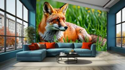 Serene red fox resting in lush green grass Wall mural