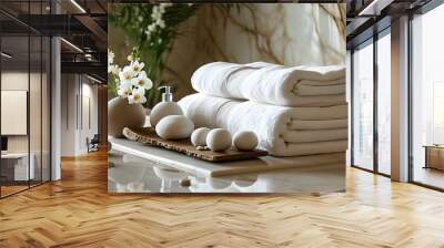 Serene Spa Ambiance with Luxurious White Towels and Elegant Accessories on Polished Marble Countertop Wall mural