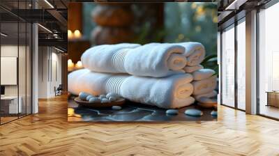 Serene spa ambiance with white towels and glowing candlelight promoting relaxation and wellness Wall mural