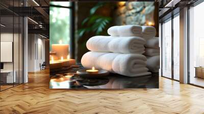 Serene spa retreat featuring plush white towels and soft candlelight for ultimate relaxation Wall mural