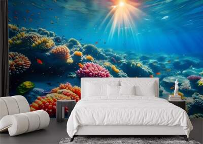 Serene underwater paradise showcasing vibrant coral reefs, diverse marine life, and sunlight illuminating the tranquil aquatic environment Wall mural