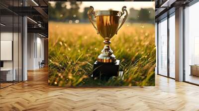 Shimmering Golden Trophy Nestled in Lush Green Grass Wall mural