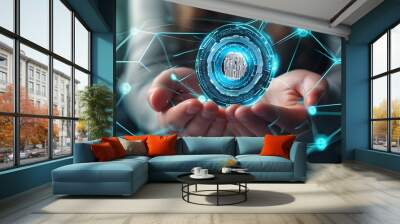 Sleek blockchain icon grasped by a simple hand against a clean background, embodying minimalist design and digital future concept Wall mural