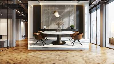 Sleek modern dining space featuring a marble table with vintage decor elements in a luxurious and stylish restaurant interior Wall mural