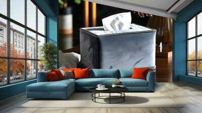 Sophisticated velvet tissue box adorned with silver trim for elegant luxury decor Wall mural