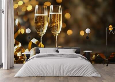 Sparkling champagne glasses adorned with golden ribbons against a dreamy bokeh backdrop Wall mural