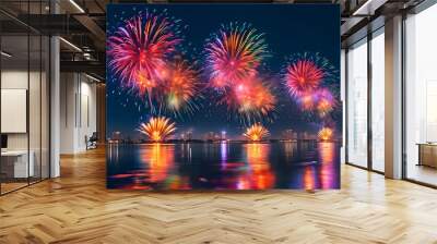 Spectacular night fireworks illuminating city skyline with a vibrant burst of colors reflecting on tranquil waters Wall mural