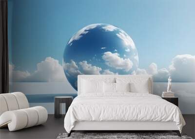 Sphere floating on a 3D plane amidst fluffy white clouds under a bright blue sky Wall mural