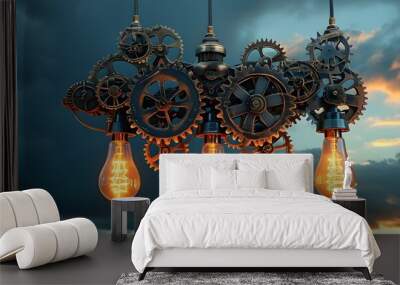 Steampunk lightbulb crafted from gears and cogs beneath a dramatic stormy sky Wall mural