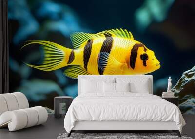 Striking yellow fish with unique striped patterns illuminated under clear lighting Wall mural