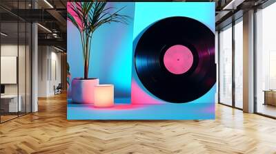 Stylish black vinyl record showcased in a modern minimalist environment with vibrant blue and pink lighting, capturing retro aesthetics Wall mural