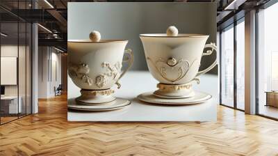 Stylish mockup of two mugs with accessories displayed on a clean white table from a front perspective Wall mural