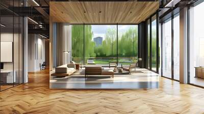 Stylish urban oasis with expansive windows, natural light, wooden accents, and contemporary furnishings featuring city and green landscape views Wall mural