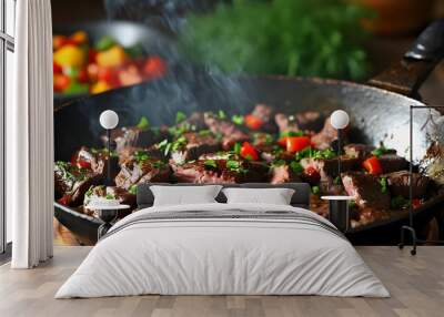 succulent beef slices sizzling on the grill, creating a mouthwatering aroma of savory goodness Wall mural