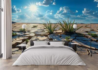 Sunlit cracked desert landscape adorned with resilient plants beneath a vibrant blue sky filled with clouds Wall mural