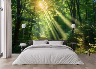 Sunlit forest path illuminated by rays of light filtering through a lush green canopy Wall mural