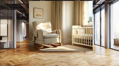 Sunlit nursery with rocking chair and crib, creating a peaceful and calming environment for a newborn Wall mural