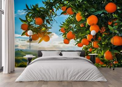 Sunlit orange grove showcasing vibrant trees heavy with ripe oranges beneath a clear blue sky in a wide-angle perspective Wall mural