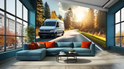 Sunny suburban road with white delivery van navigating through peaceful neighborhood scenery Wall mural