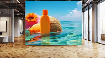 Sunscreen tube floating in clear blue sea under sunny skies Wall mural