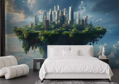 Surreal floating island cityscape harmoniously merging urban architecture with nature under dramatic skies Wall mural