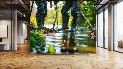 Teamwork in Nature: Cleansing a River in Lush Green Surroundings on a Sunny Day Wall mural