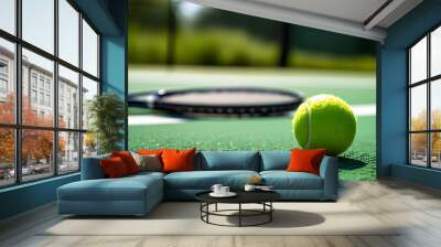 Tennis ball resting on green court beside a racket, capturing the essence of the game in a moment of stillness Wall mural